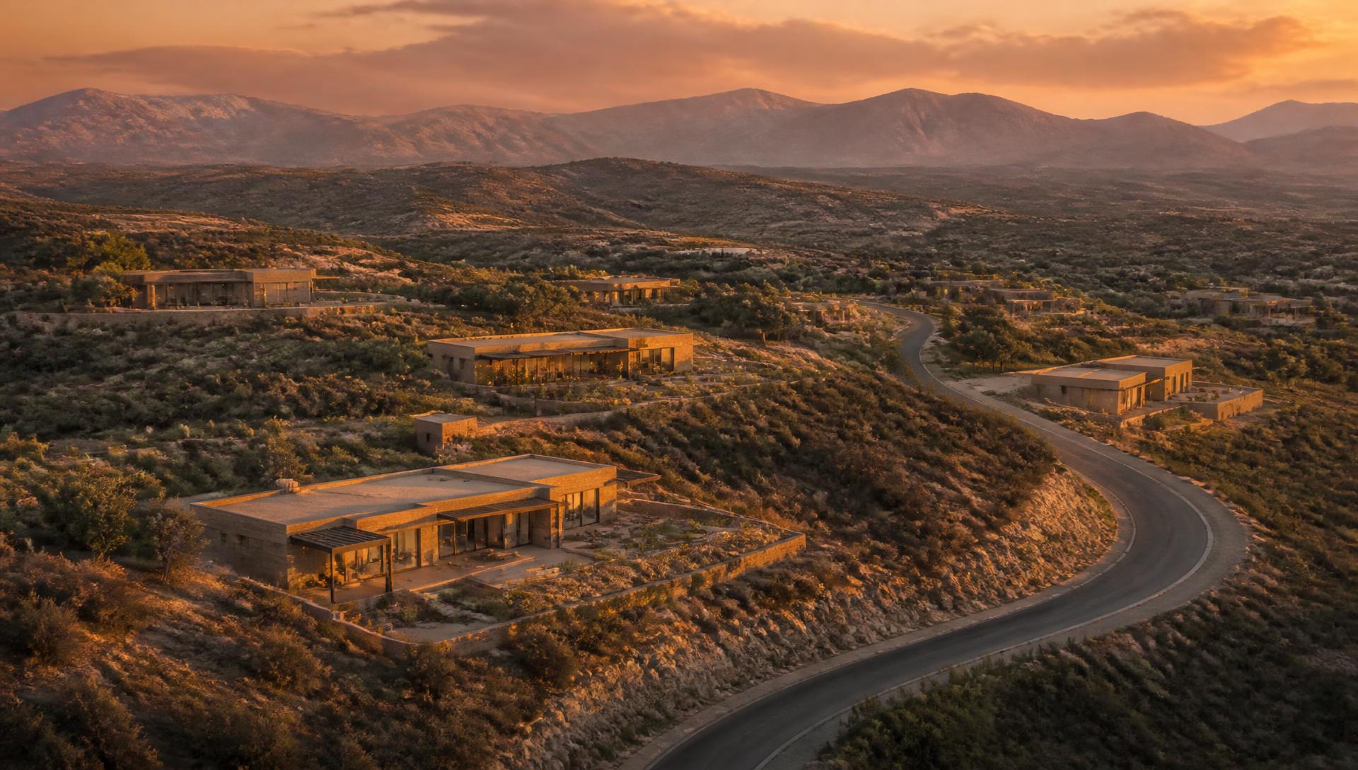 Desarrollo inmobiliario premium de La Gavilana en la sierra al atardecer